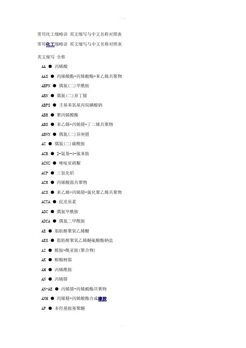 常用化工缩略语英文缩写与中文名称对照表