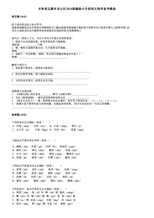 吉林省辽源市龙山区2024部编版小升初语文统考备考精选