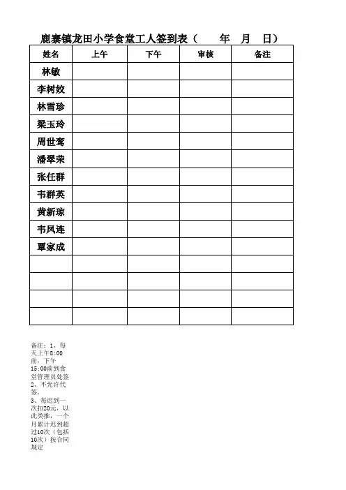 食堂工人签到表