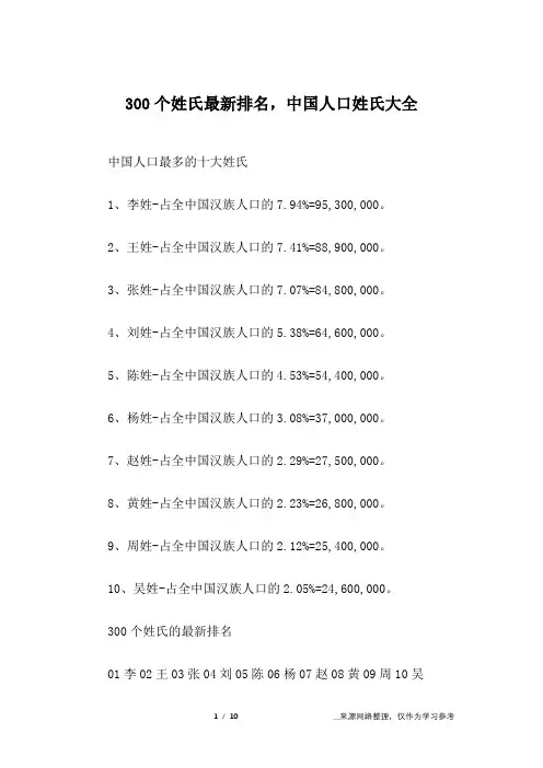 300个姓氏最新排名,中国人口姓氏大全