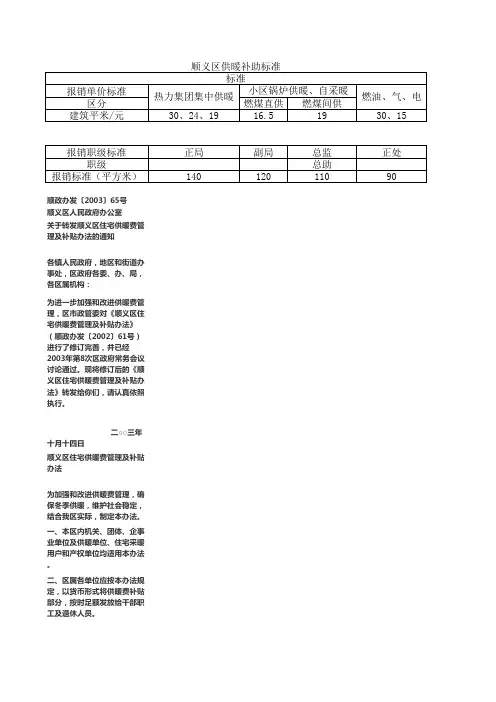 顺义区现行供暖补贴标准
