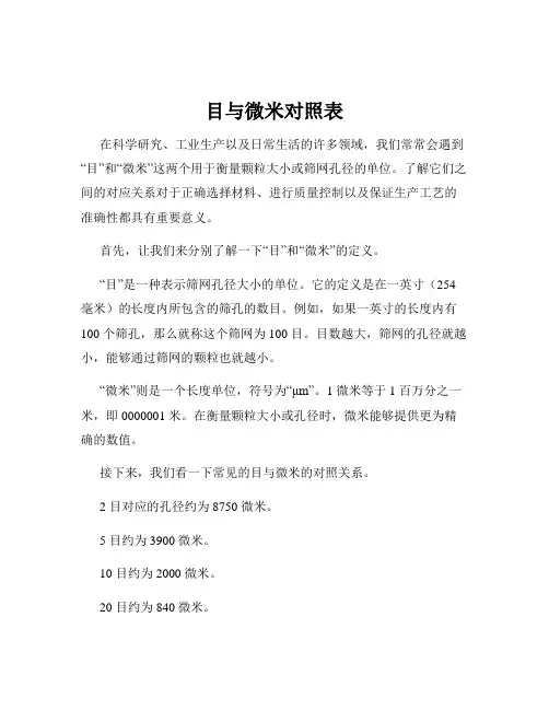 目与微米对照表