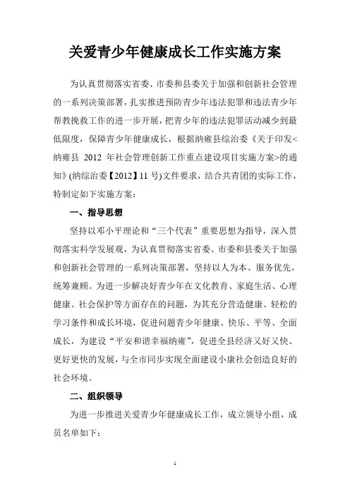 关爱青少年健康成长工作实施方案