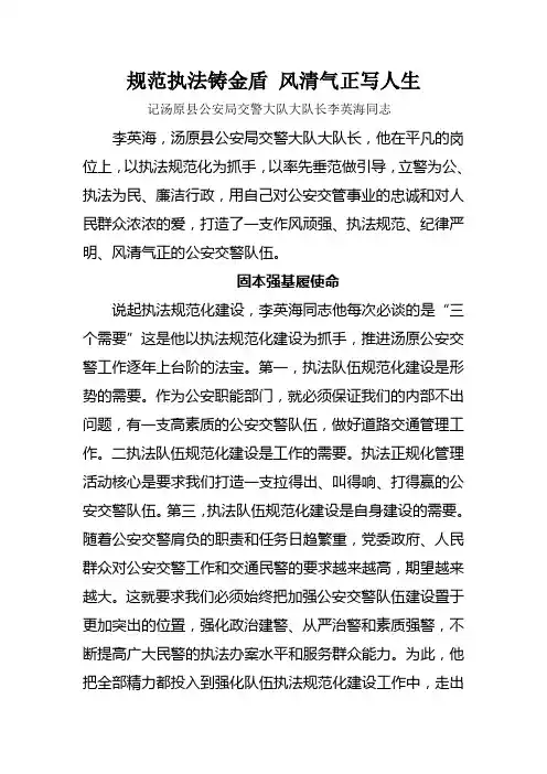 报告文学---规范执法铸金盾 风清气正写人生