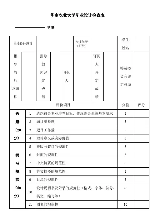 华南农业大学毕业设计检查表