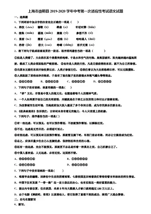 上海市崇明县2019-2020学年中考第一次适应性考试语文试题含解析