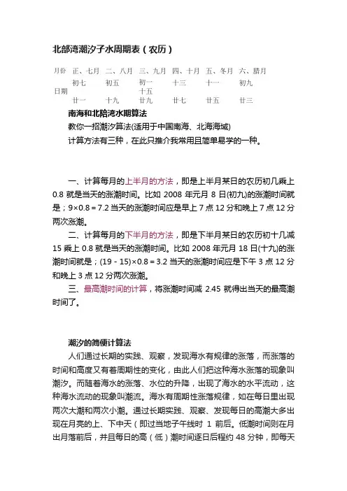 北部湾潮汐子水周期表（农历）