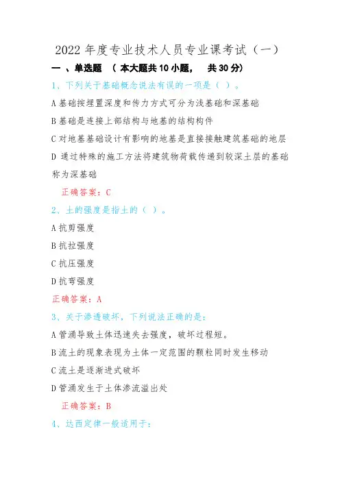 2022年度专业技术人员专业课考试
