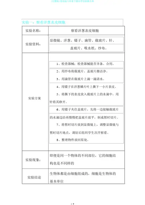 (完整版)青岛版六年级下册科学实验报告单
