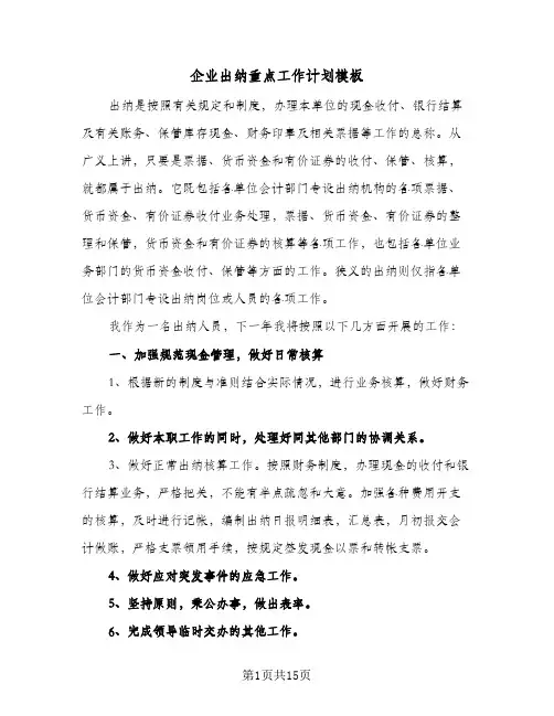 企业出纳重点工作计划模板(七篇)