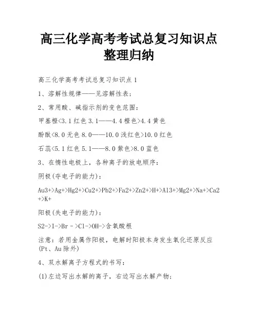 高三化学高考考试总复习知识点整理归纳