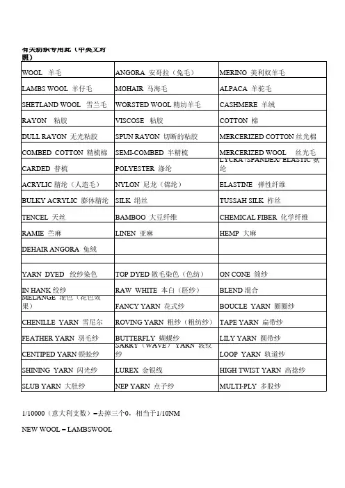 纺织中英文对照