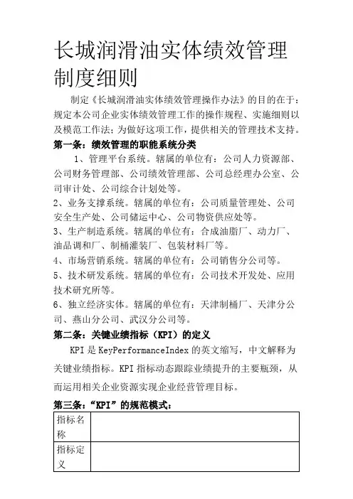 润滑油公司实体绩效管理制度细则