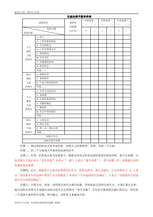 最新生涯决策平衡单样表