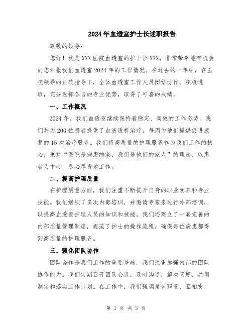 2024年血透室护士长述职报告