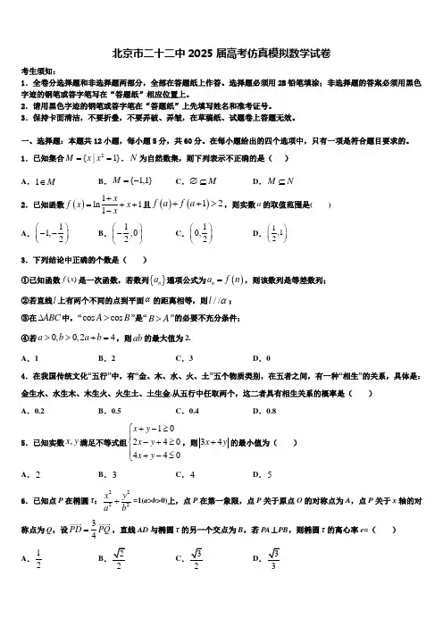 北京市二十二中2025届高考仿真模拟数学试卷含解析