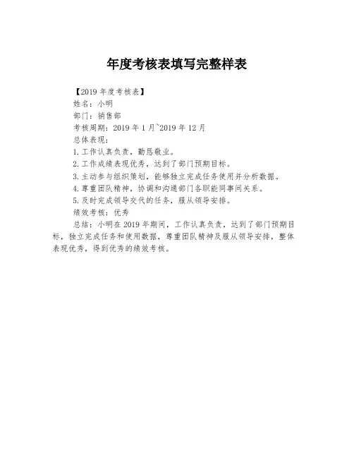 年度考核表填写完整样表