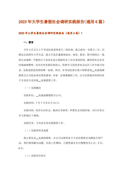 2023年大学生暑假社会调研实践报告(通用6篇)