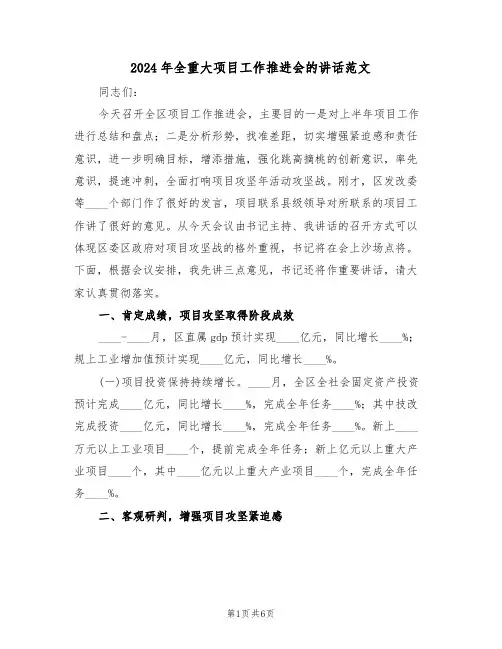 2024年全重大项目工作推进会的讲话范文(二篇)