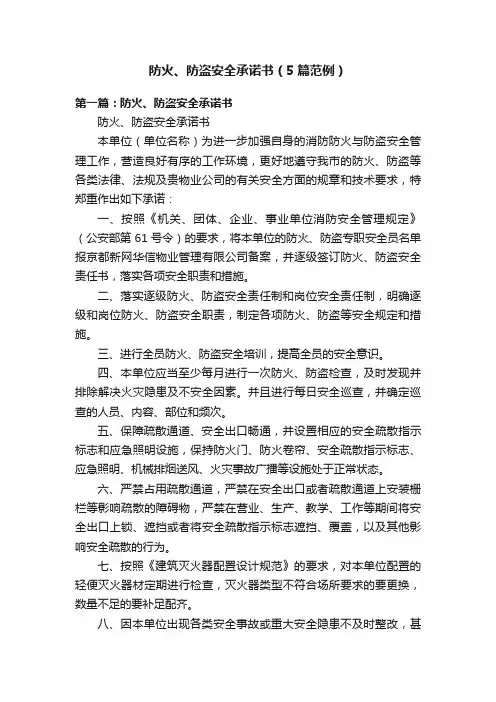 防火、防盗安全承诺书（5篇范例）