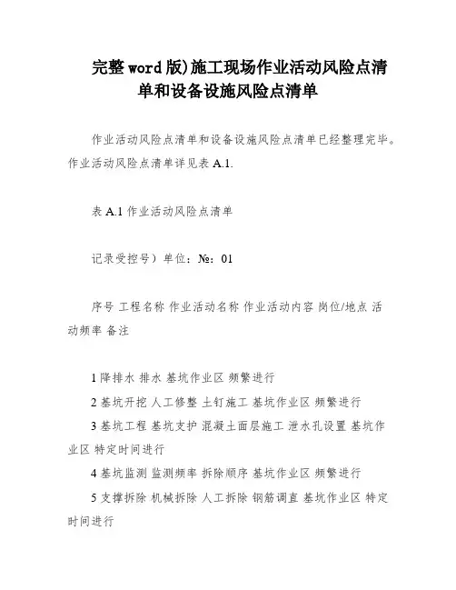 完整word版)施工现场作业活动风险点清单和设备设施风险点清单