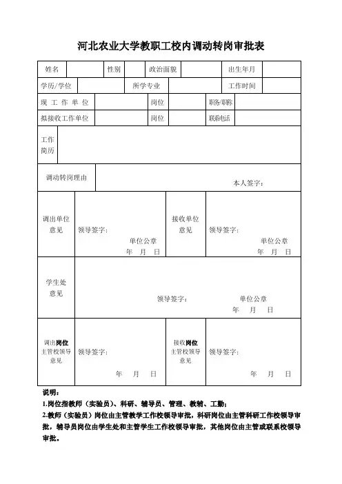河北农业大学教职工校内调动转岗审批表