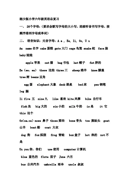 湘少版小学六年级英语总复习