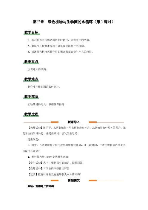 3-3 绿色植物与生物圈的水循环(第1课时)(教学设计)