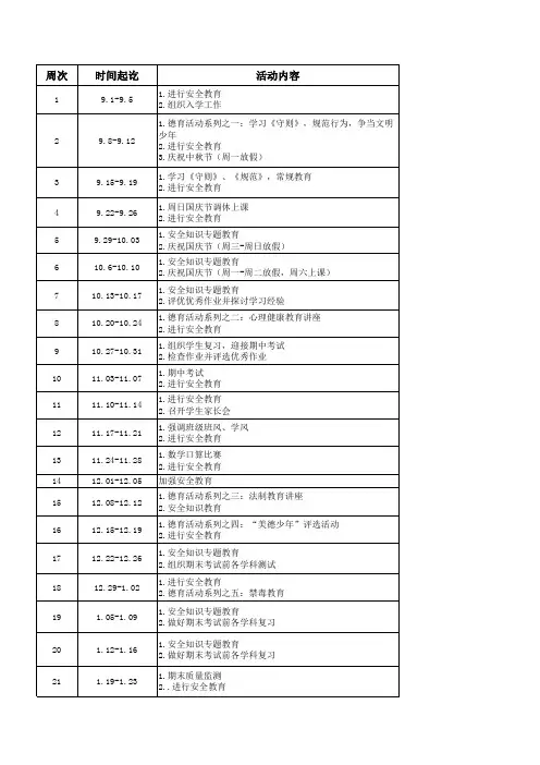 第一学期班级行事周历