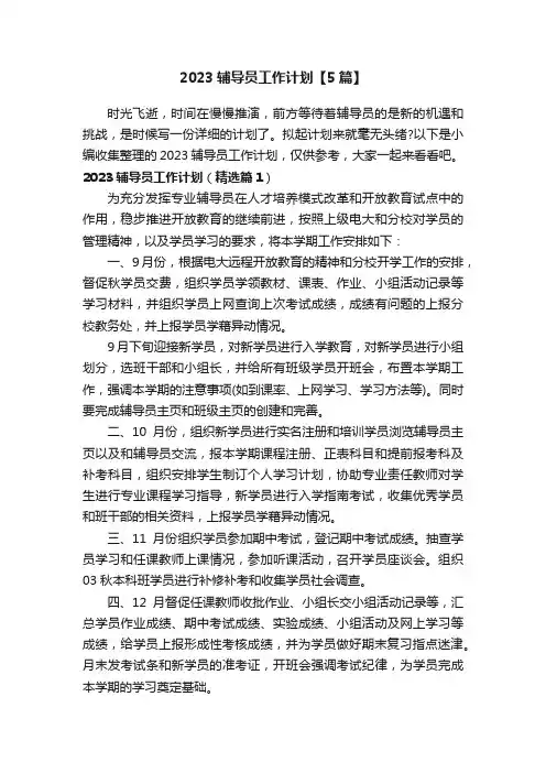 2023辅导员工作计划【5篇】