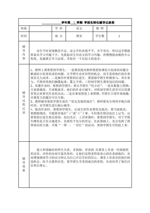 小学学困生转化辅导记录表