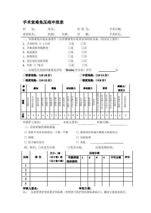 手术室难免压疮申报表