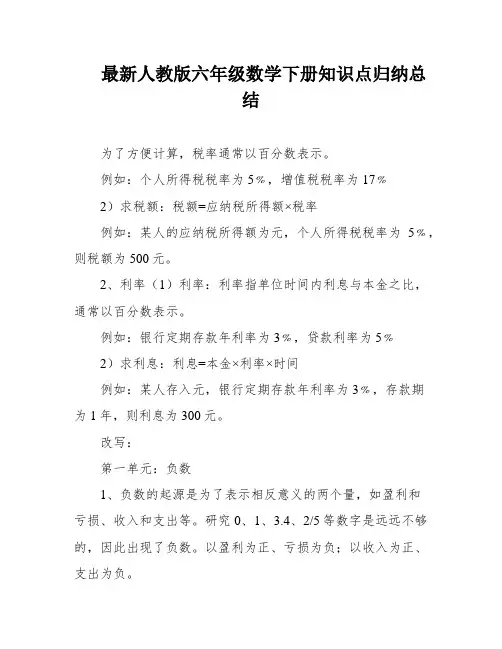 最新人教版六年级数学下册知识点归纳总结