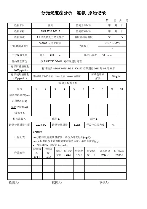 分光光度法分析  氨氮 原始记录