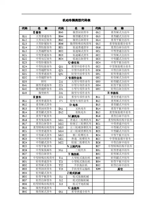 机动车辆类型代码表手册