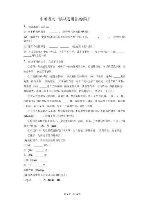 中考语文一模试卷附答案解析