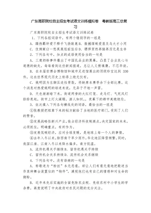 广东高职院校自主招生考试语文训练模拟卷  粤教版高三总复习