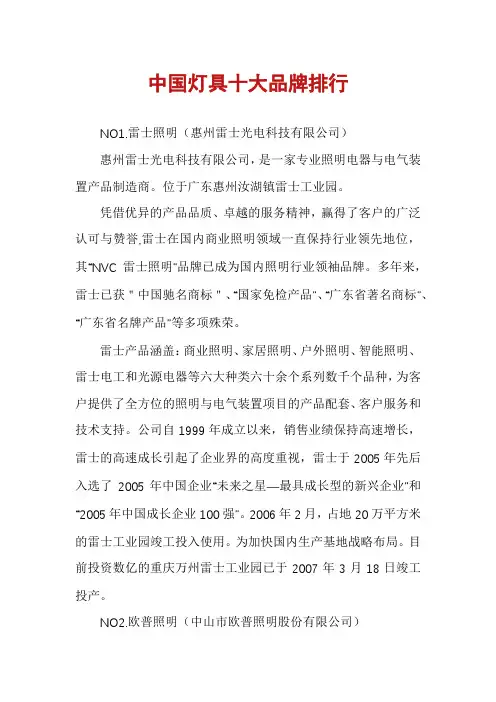 中国灯具十大品牌排行
