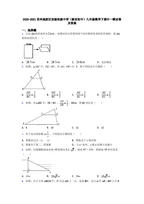 2020-2021苏州高新区实验初级中学(新实初中)九年级数学下期中一模试卷及答案