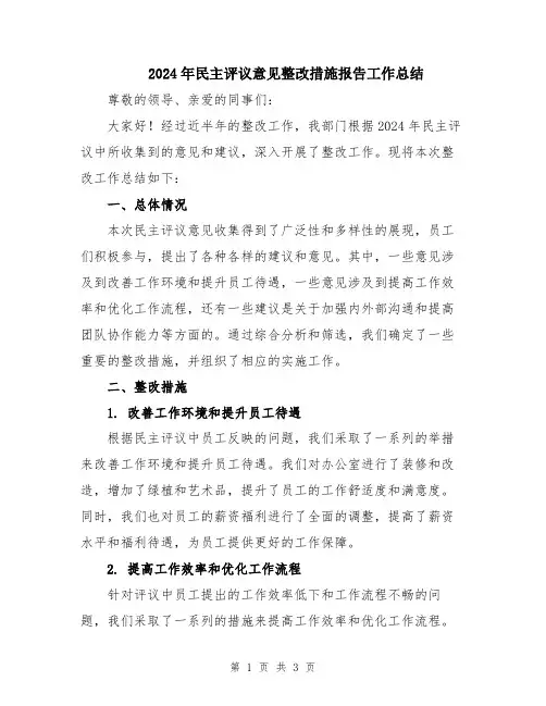 2024年民主评议意见整改措施报告工作总结