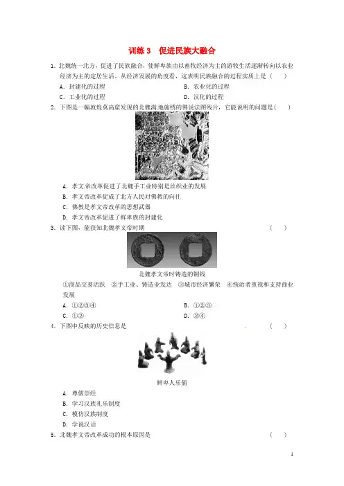【步步高】2021学年高中历史 第三单元 训练3促进民族大融合 新人教版选修1 
