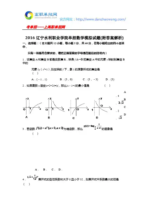 2016辽宁水利职业学院单招数学模拟试题(附答案解析)