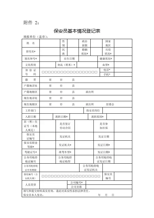 保安员基本情况登记表、保安员考试报名表