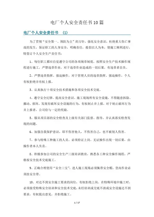 电厂个人安全责任书10篇