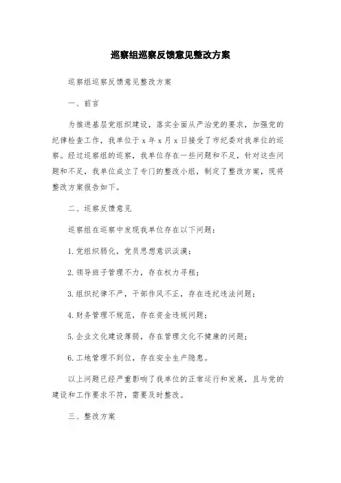 巡察组巡察反馈意见整改方案