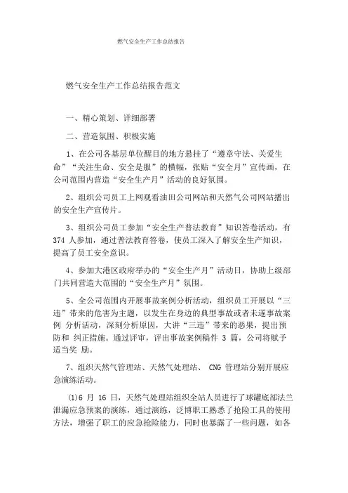 燃气安全生产工作总结报告