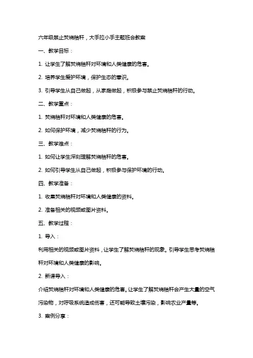 六年级禁止焚烧秸秆,大手拉小手主题班会教案
