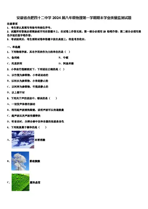 安徽省合肥四十二中学2024届八年级物理第一学期期末学业质量监测试题含解析