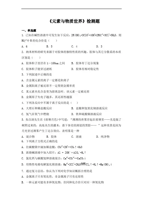 鲁科版高中化学必修1第二章《元素与物质世界》检测题(含答案)