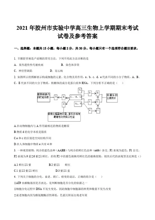 2021年胶州市实验中学高三生物上学期期末考试试卷及参考答案